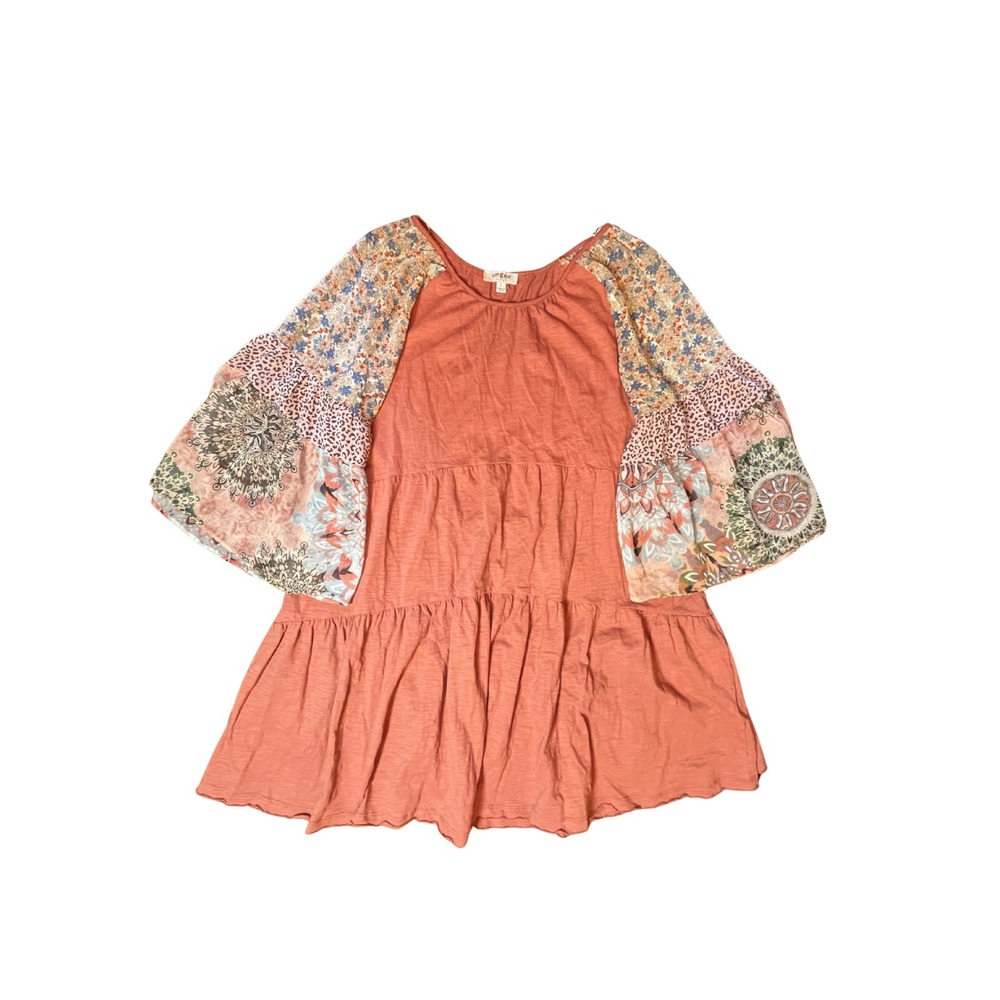 Umgee‎ Boho Bell Sleeve Tiered Babydoll Tunic Dress Orange Rustic Artsy Large